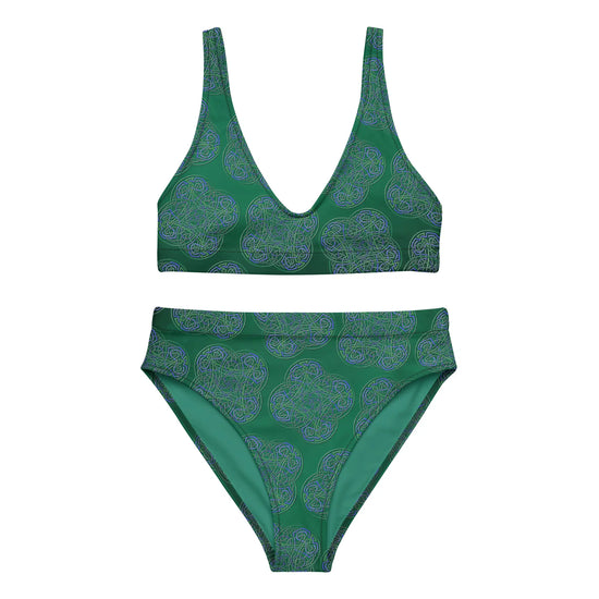 The front side of a Xigfireon graphic bikini featuring the Living Colour Forest patterned series of the `Reach Of The Spirit` Celtic knot design.