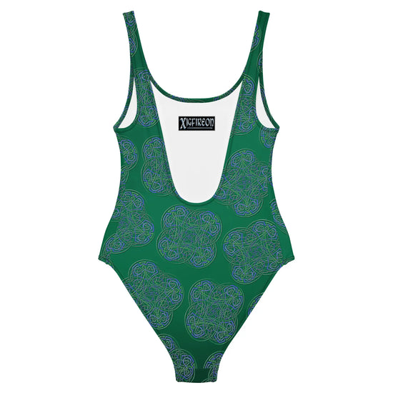 The back side of a Xigfireon graphic swimsuit featuring the Living Colour Forest (Small) patterned series of the `Reach Of The Spirit` Celtic knot design.