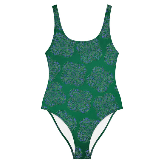 The front side of a Xigfireon graphic swimsuit featuring the Living Colour Forest (Small) patterned series of the `Reach Of The Spirit` Celtic knot design.