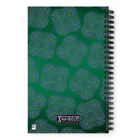 The back side of a Xigfireon graphic spiral notebook featuring the Living Colour Forest patterned series of the `Reach Of The Spirit` Celtic knot design.