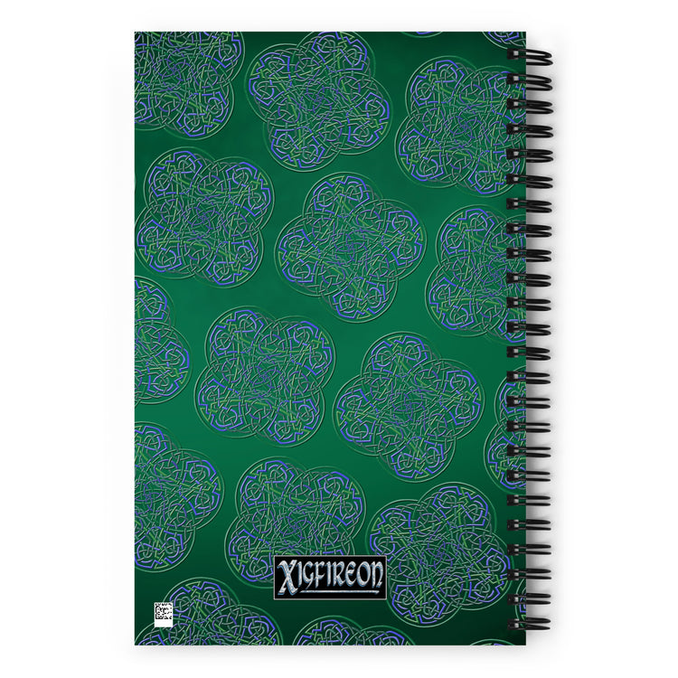 The back side of a Xigfireon graphic spiral notebook featuring the Living Colour Forest patterned series of the `Reach Of The Spirit` Celtic knot design.