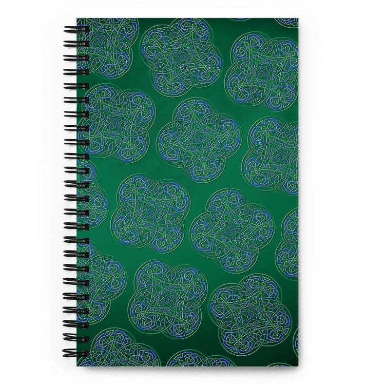 The front side of a Xigfireon graphic spiral notebook featuring the Living Colour Forest patterned series of the `Reach Of The Spirit` Celtic knot design.