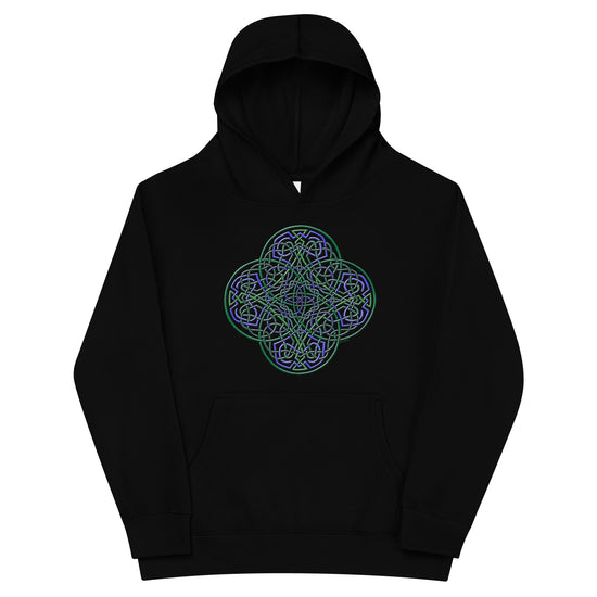 A kids black graphic hoodie featuring the Living Colour iteration of the `Reach Of The Spirit` Celtic knot design.