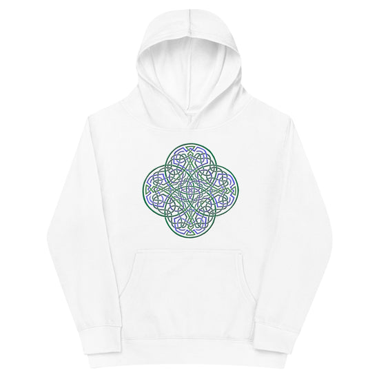 A kids white graphic hoodie featuring the Living Colour iteration of the `Reach Of The Spirit` Celtic knot design.