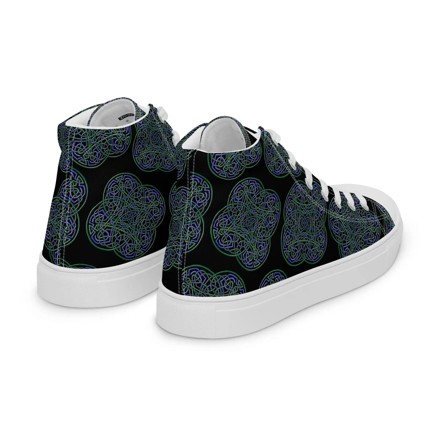 The back side of a pair of Xigfireon black canvas high tops featuring the Living Colour iteration of the `Reach Of The Spirit` Celtic knot pattern.