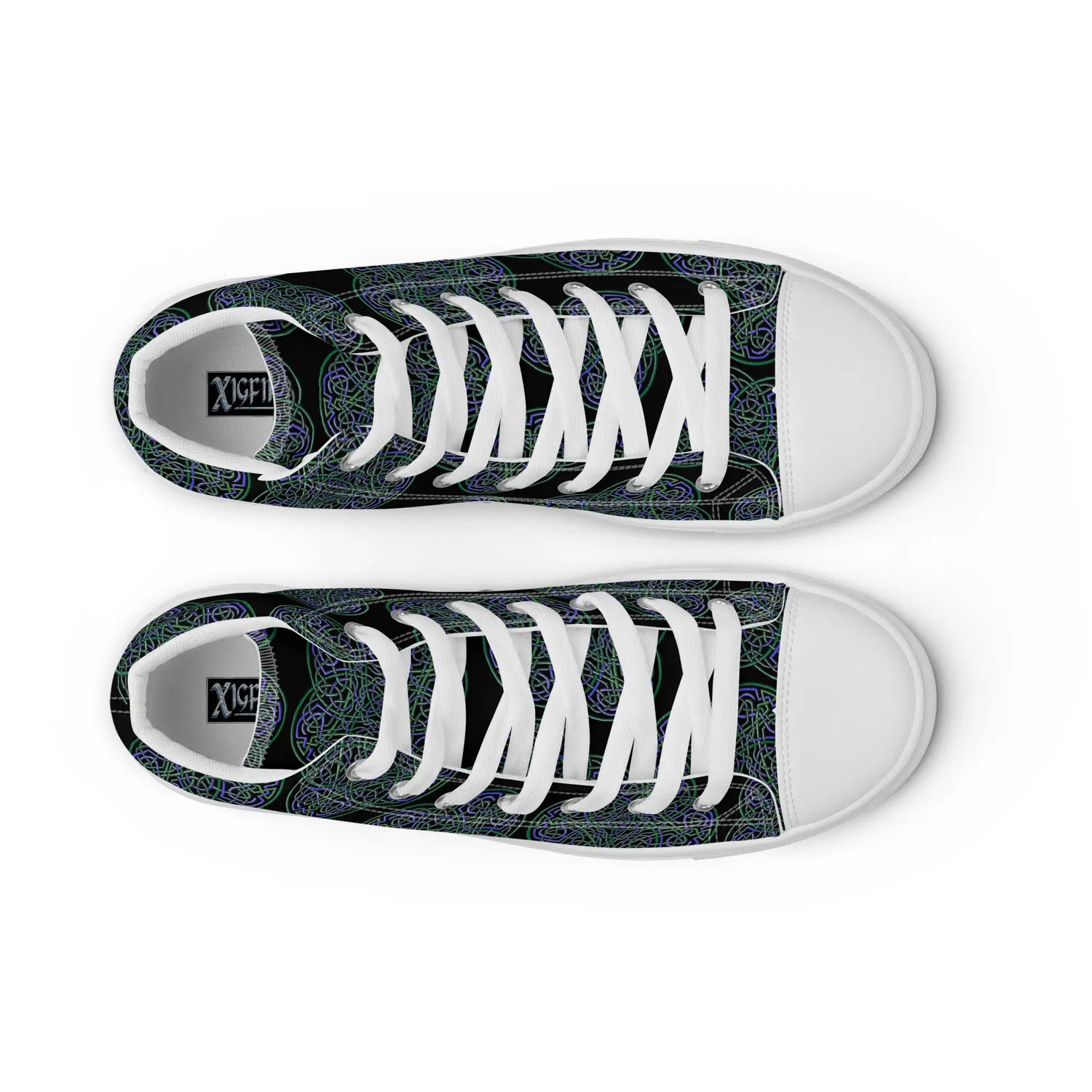 A view from above of a pair of Xigfireon black canvas high tops featuring the Living Colour iteration of the `Reach Of The Spirit` Celtic knot pattern. The Xigfireon logo on the insole is visible.