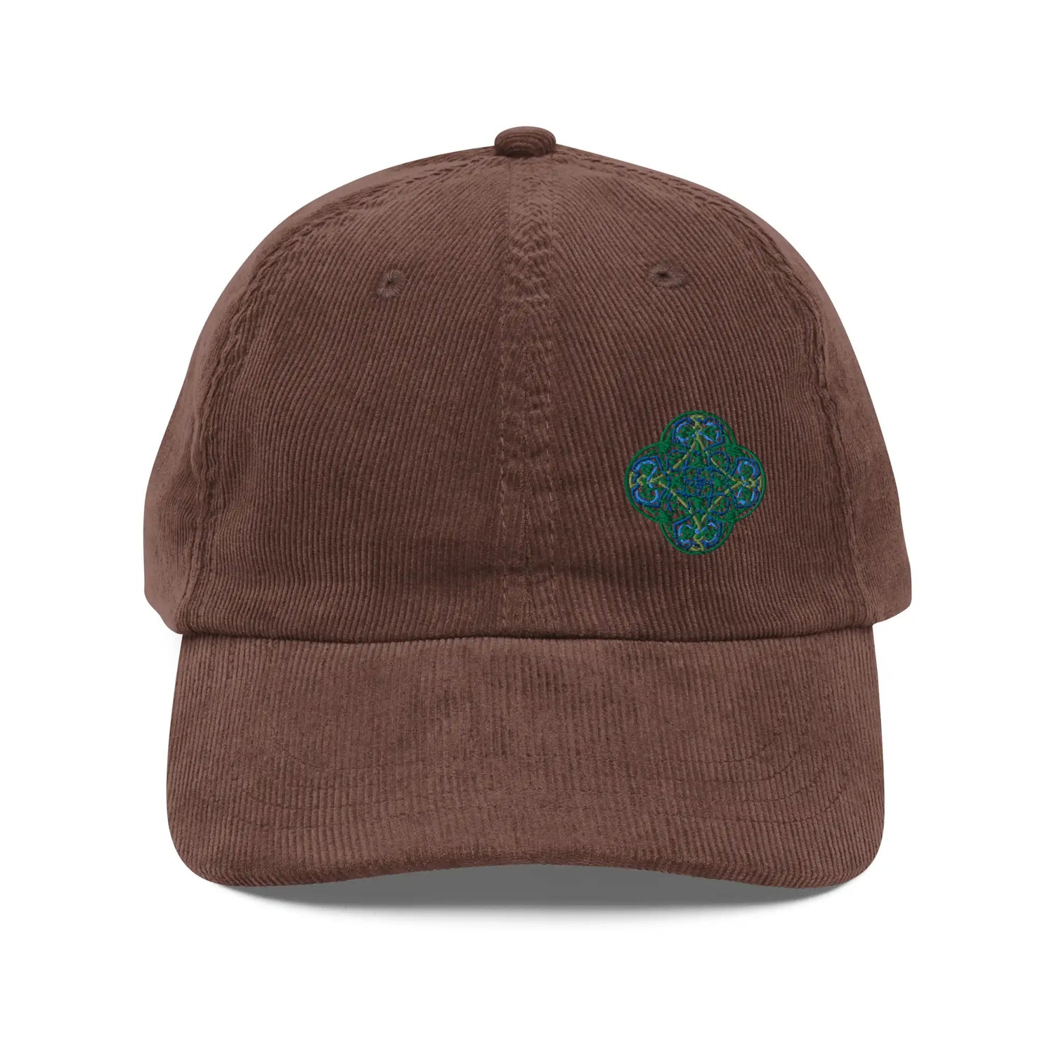 The front side of a brown Xigfireon vintage corduroy cap embroidered with the Living Colour iteration of the `Reach Of The Spirit` Celtic knot design offset to the left.