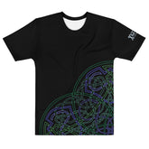 The front side of a black Xigfireon graphic mens t-shirt featuring the Living Colour Outline iteration of the `Reach Of The Spirit` Celtic knot design.