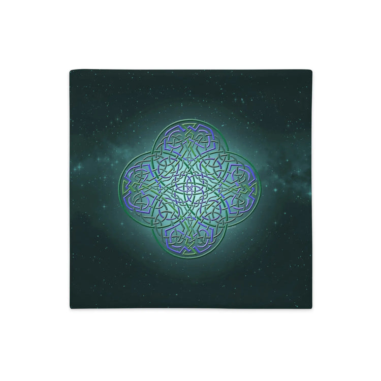 An 18 inch by 18 inch Xigfireon pillow case featuring the Living Colour iteration of the `Reach Of The Spirit` Celtic knot design, symbolizing Mother Earth.