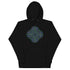 A black Xigfireon graphic hoodie featuring the Living Colour iteration of the `Reach Of The Spirit` Celtic knot design. The `Reach Of The Spirit` Celtic knot symbolizes Mother Earth.