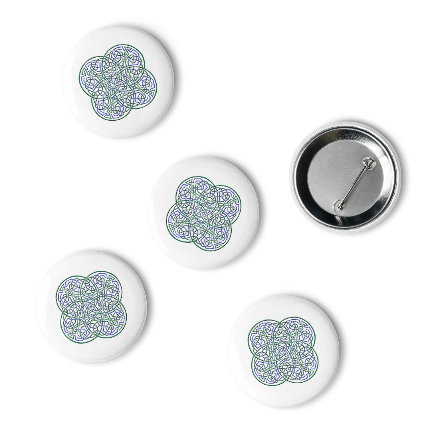 A set of 5 2.25" pin-back buttons featuring the Living Colour iteration of the `Reach Of The Spirit` Celtic knot design.