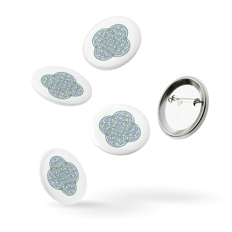 A set of 5 2.25" pin-back buttons featuring the Living Colour iteration of the `Reach Of The Spirit` Celtic knot design.