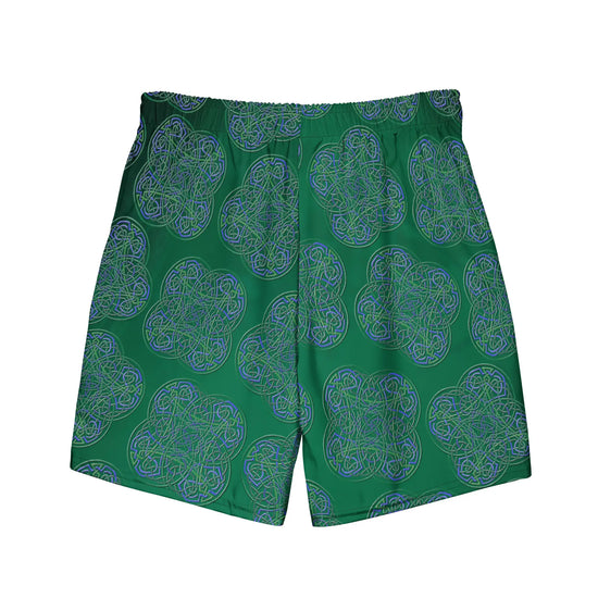 The back side of a pair of Xigfireon graphic swim trunks featuring the Living Colour Forest (small) patterned series of the `Reach Of The Spirit` Celtic knot design.