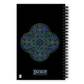 The back side of a Xigfireon spiral notebook featuring the Living Colour iteration of the `Reach Of The Spirit` Celtic knot design.