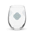 The front side of a stemless wine glass featuring the Living Colour iteration of the `Reach Of The Spirit` Celtic knot design.