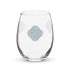 The front side of a stemless wine glass featuring the Living Colour iteration of the `Reach Of The Spirit` Celtic knot design.