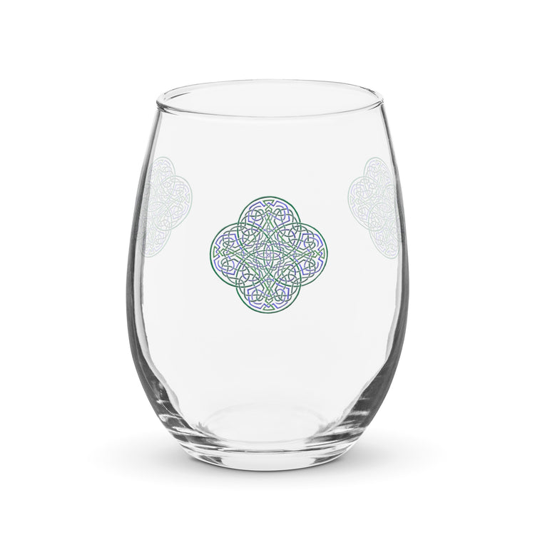 The front side of a stemless wine glass featuring the Living Colour iteration of the `Reach Of The Spirit` Celtic knot design.