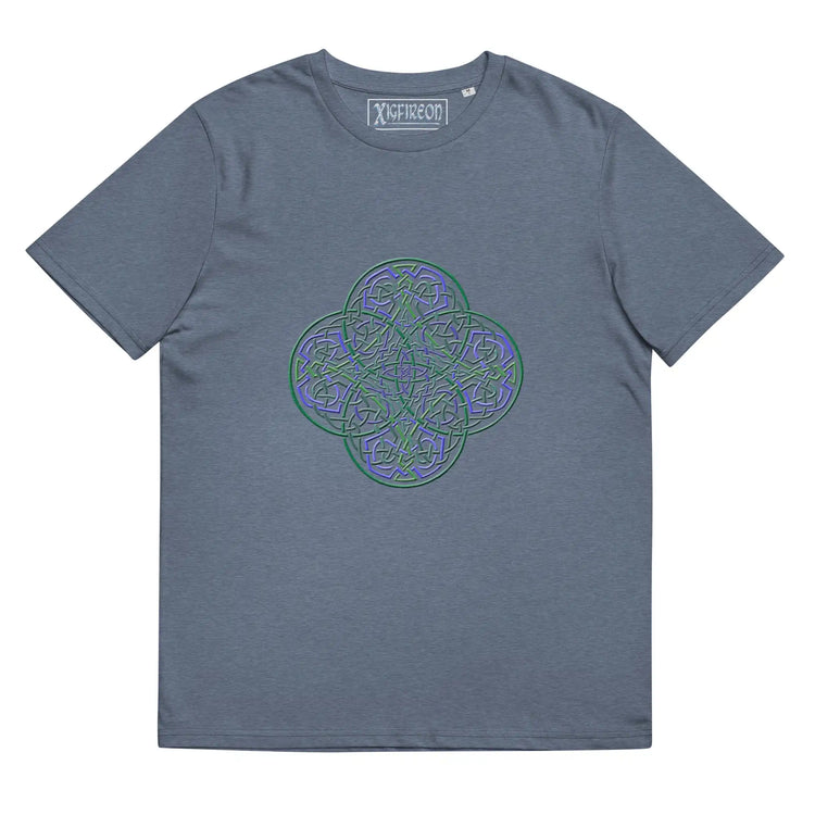 A dark heather blue Xigfireon graphic organic cotton t-shirt featuring the Living Colour iteration of the `Reach Of The Spirit` Celtic knot design. The `Reach Of The Spirit` Celtic knot represents our amazing Mother Earth.