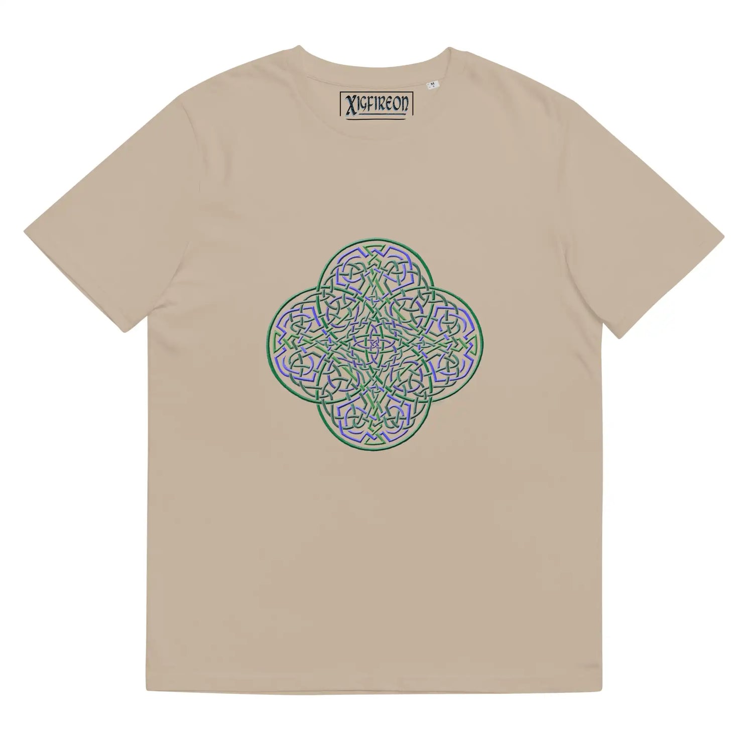 A desert dust Xigfireon graphic organic cotton t-shirt featuring the Living Colour iteration of the `Reach Of The Spirit` Celtic knot design. The `Reach Of The Spirit` Celtic knot represents our amazing Mother Earth.