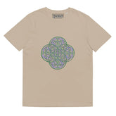 A desert dust Xigfireon graphic organic cotton t-shirt featuring the Living Colour iteration of the `Reach Of The Spirit` Celtic knot design. The `Reach Of The Spirit` Celtic knot represents our amazing Mother Earth.