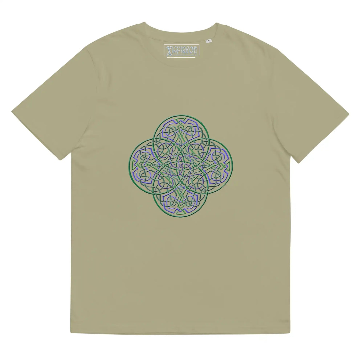 A sage Xigfireon graphic organic cotton t-shirt featuring the Living Colour iteration of the `Reach Of The Spirit` Celtic knot design. The `Reach Of The Spirit` Celtic knot represents our amazing Mother Earth.