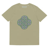 A sage Xigfireon graphic organic cotton t-shirt featuring the Living Colour iteration of the `Reach Of The Spirit` Celtic knot design. The `Reach Of The Spirit` Celtic knot represents our amazing Mother Earth.