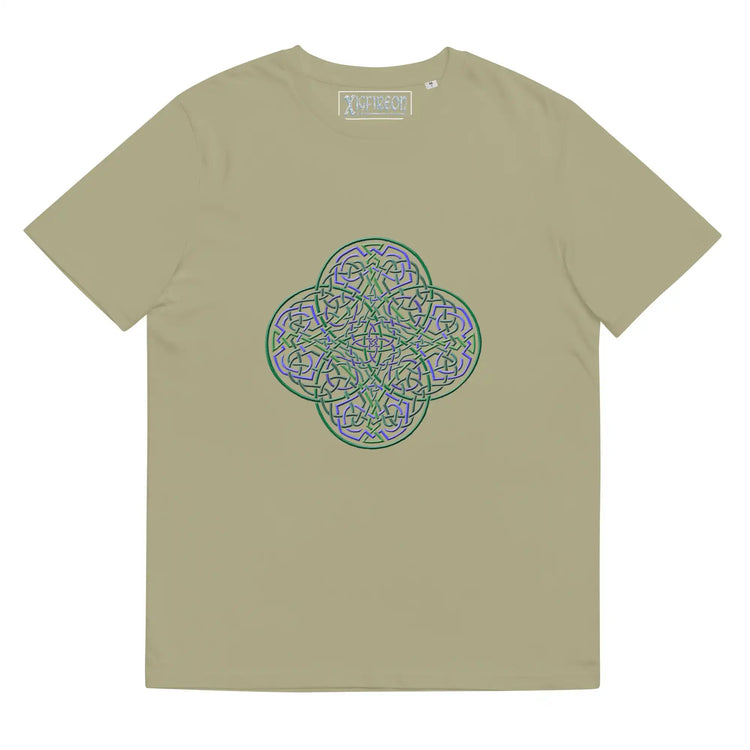 A sage Xigfireon graphic organic cotton t-shirt featuring the Living Colour iteration of the `Reach Of The Spirit` Celtic knot design. The `Reach Of The Spirit` Celtic knot represents our amazing Mother Earth.