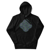 A black Xigfireon graphic hoodie featuring the Living Colour iteration of the `Reach Of The Spirit` Celtic knot design. The `Reach Of The Spirit` Celtic knot is an Earth symbol.