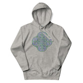 A carbon grey Xigfireon graphic hoodie featuring the Living Colour iteration of the `Reach Of The Spirit` Celtic knot design. The `Reach Of The Spirit` Celtic knot is an Earth symbol.