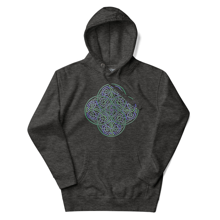 A charcoal heather Xigfireon graphic hoodie featuring the Living Colour iteration of the `Reach Of The Spirit` Celtic knot design. The `Reach Of The Spirit` Celtic knot is an Earth symbol.