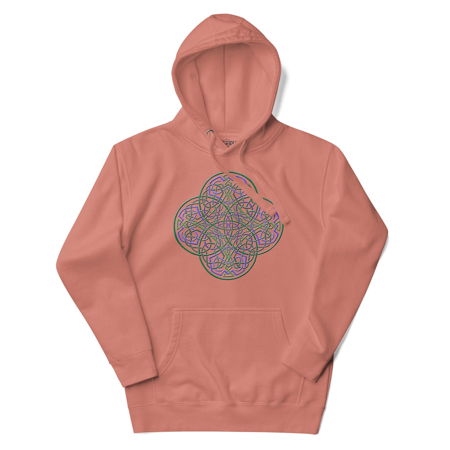 A dusty rose Xigfireon graphic hoodie featuring the Living Colour iteration of the `Reach Of The Spirit` Celtic knot design. The `Reach Of The Spirit` Celtic knot is an Earth symbol.