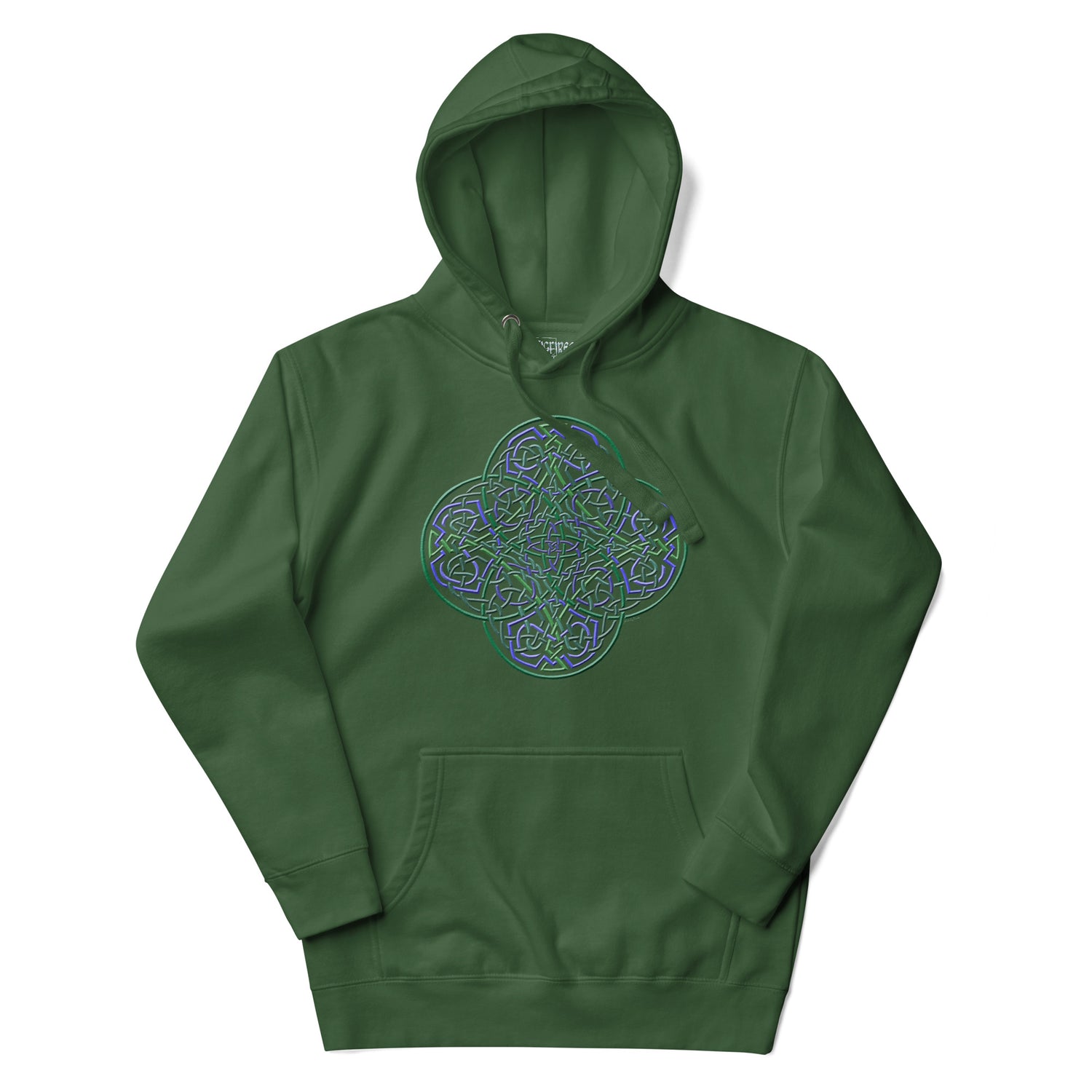 A forest green Xigfireon graphic hoodie featuring the Living Colour iteration of the `Reach Of The Spirit` Celtic knot design. The `Reach Of The Spirit` Celtic knot is an Earth symbol.