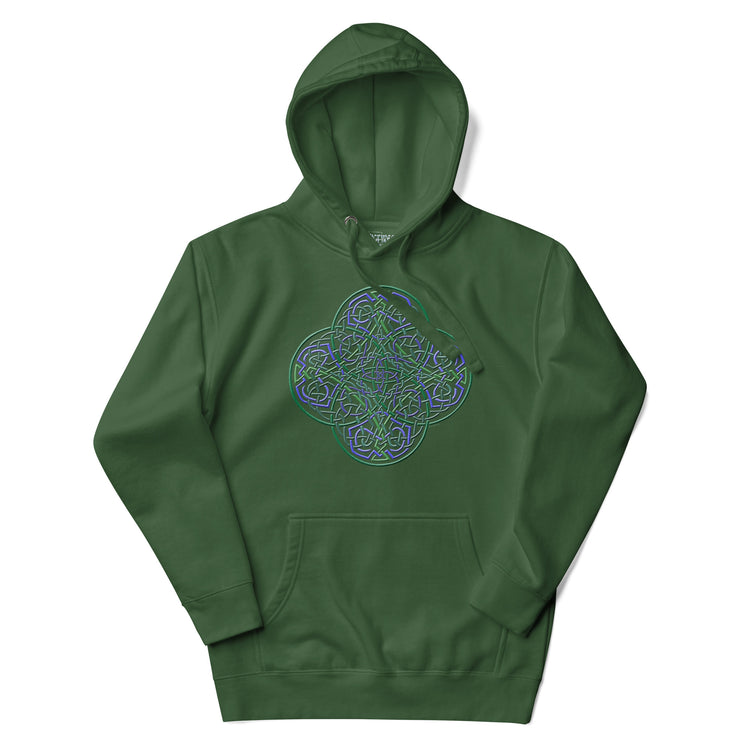 A forest green Xigfireon graphic hoodie featuring the Living Colour iteration of the `Reach Of The Spirit` Celtic knot design. The `Reach Of The Spirit` Celtic knot is an Earth symbol.