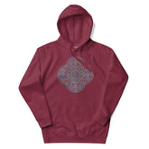 A maroon Xigfireon graphic hoodie featuring the Living Colour iteration of the `Reach Of The Spirit` Celtic knot design. The `Reach Of The Spirit` Celtic knot is an Earth symbol.