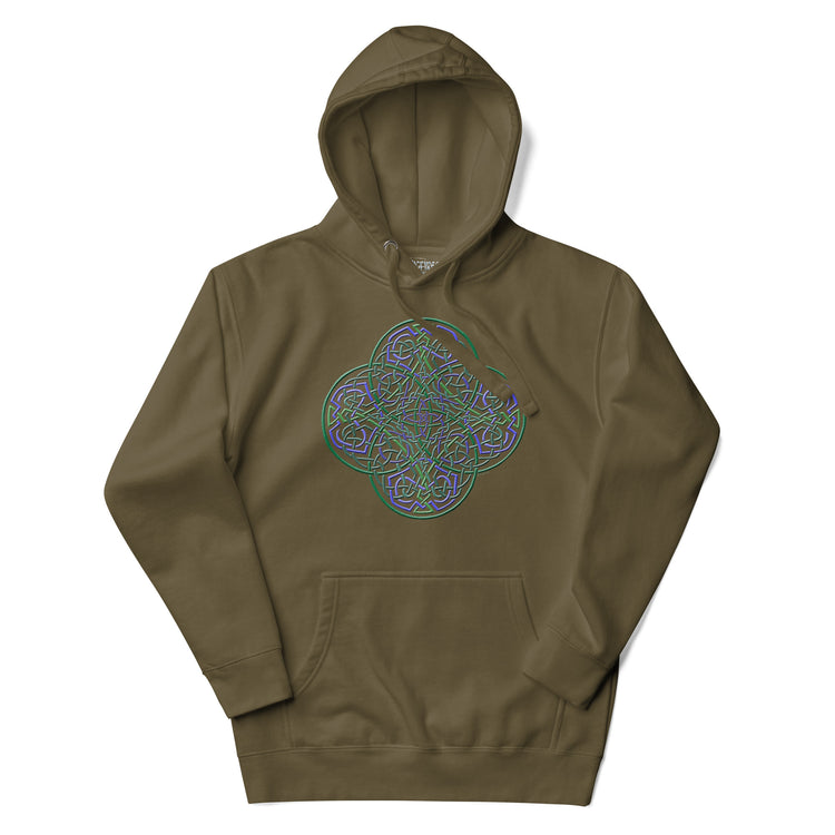 A military green Xigfireon graphic hoodie featuring the Living Colour iteration of the `Reach Of The Spirit` Celtic knot design. The `Reach Of The Spirit` Celtic knot is an Earth symbol.