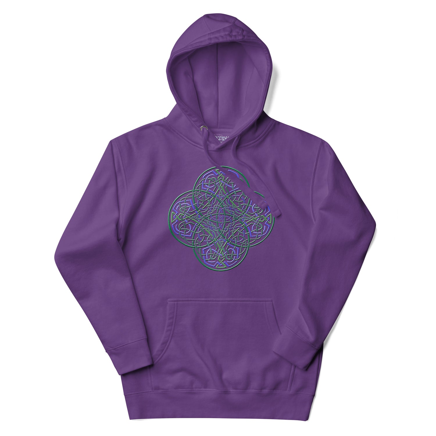 A purple Xigfireon graphic hoodie featuring the Living Colour iteration of the `Reach Of The Spirit` Celtic knot design. The `Reach Of The Spirit` Celtic knot is an Earth symbol.