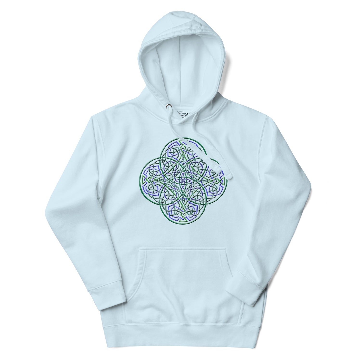 A sky blue Xigfireon graphic hoodie featuring the Living Colour iteration of the `Reach Of The Spirit` Celtic knot design. The `Reach Of The Spirit` Celtic knot is an Earth symbol.