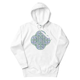 A white Xigfireon graphic hoodie featuring the Living Colour iteration of the `Reach Of The Spirit` Celtic knot design. The `Reach Of The Spirit` Celtic knot is an Earth symbol.