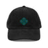 The front side of a black Xigfireon vintage corduroy cap embroidered with the Living Colour iteration of the `Reach Of The Spirit` Celtic knot design.