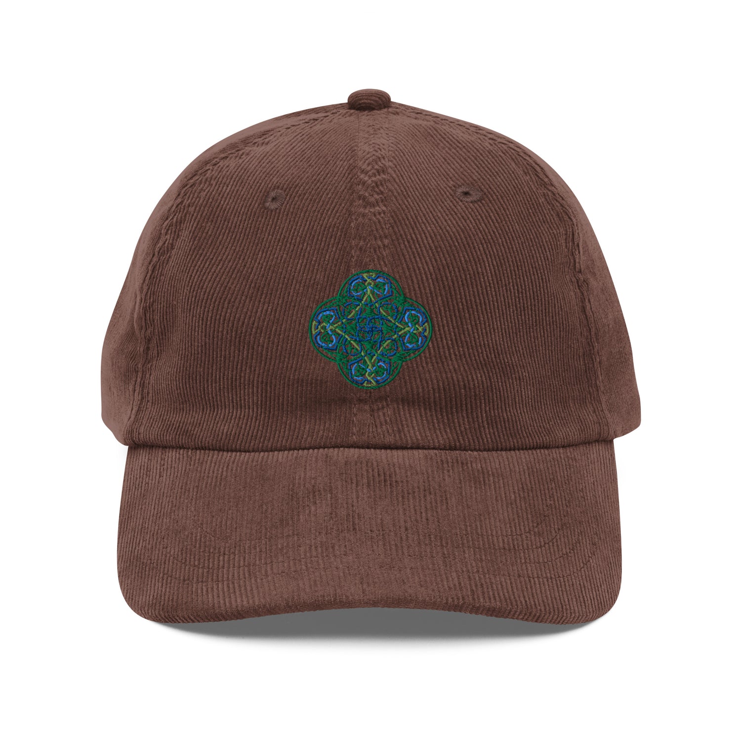 The front side of a brown Xigfireon vintage corduroy cap embroidered with the Living Colour iteration of the `Reach Of The Spirit` Celtic knot design.