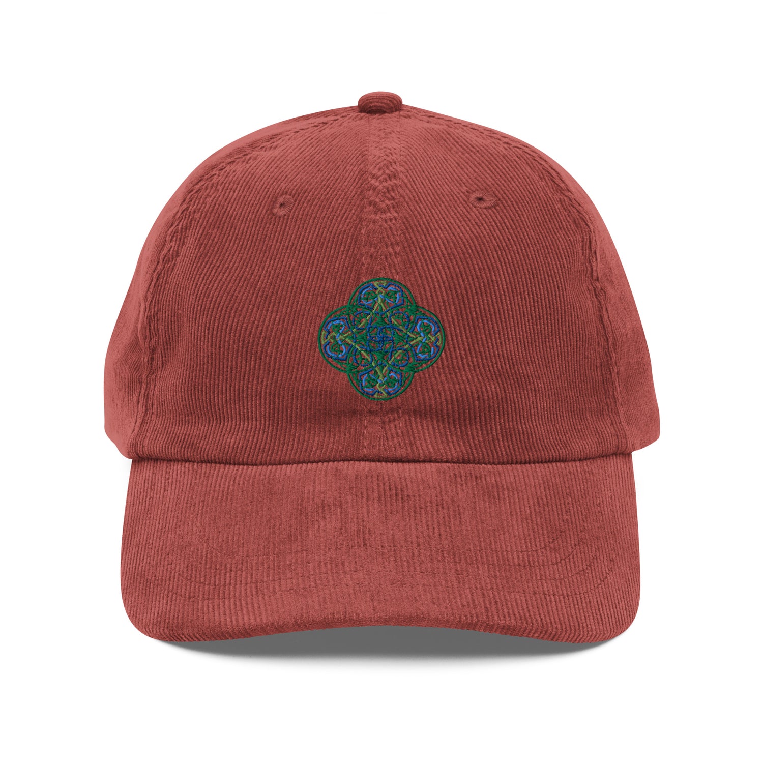 The front side of a burgundy Xigfireon vintage corduroy cap embroidered with the Living Colour iteration of the `Reach Of The Spirit` Celtic knot design.