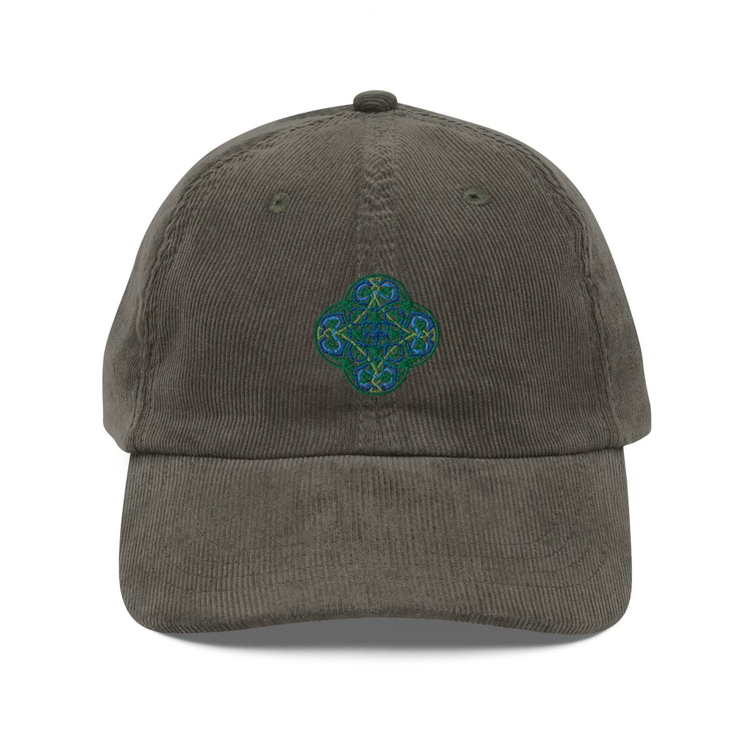 The front side of an olive green Xigfireon vintage corduroy cap embroidered with the Living Colour iteration of the `Reach Of The Spirit` Celtic knot design.