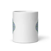 The front side of a Xigfireon white ceramic 11oz mug featuring the Living Colour iteration of the `Reach Of The Spirit` Celtic knot design. This Celtic knot symbolizes Mother Earth.