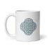 A Xigfireon white ceramic 11oz mug featuring the Living Colour iteration of the `Reach Of The Spirit` Celtic knot design. This Celtic knot symbolizes Mother Earth.