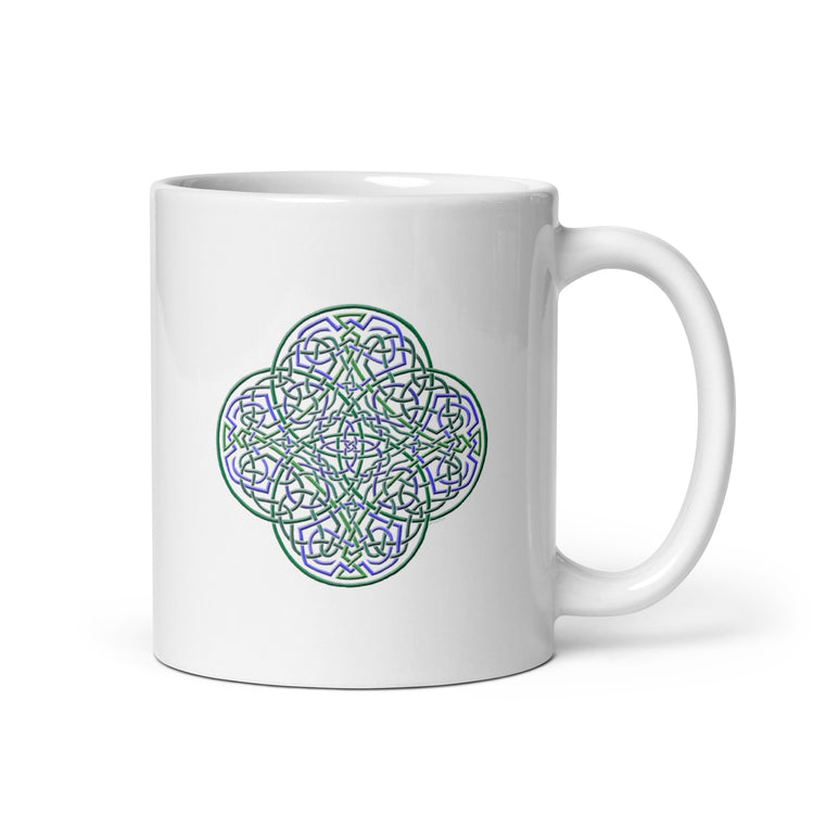 A Xigfireon white ceramic 11oz mug featuring the Living Colour iteration of the `Reach Of The Spirit` Celtic knot design. This Celtic knot symbolizes Mother Earth.