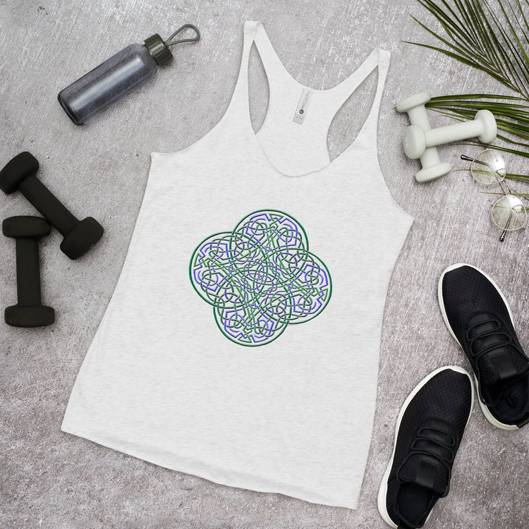 Some workout gear surrounding a heather white Xigfireon graphic women&