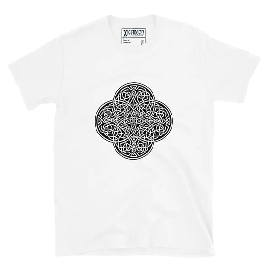 A white Xigfireon graphic t-shirt featuring the Black & White Solid iteration of the `Reach Of The Spirit` Celtic knot design. The `Reach Of The Spirit` Celtic knot represents Mother Earth.