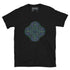 A black Xigfireon graphic t-shirt featuring the Living Colour iteration of the `Reach Of The Spirit` Celtic knot design. The `Reach Of The Spirit` Celtic knot symbolizes the Earth.