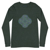 A heather forest green Xigfireon long sleeve graphic t-shirt featuring the Living Colour iteration of the `Reach Of The Spirit` Celtic knot design. The `Reach Of The Spirit` Celtic knot symbolizes Mother Earth.