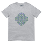A sport grey Xigfireon graphic t-shirt featuring the Living Colour iteration of the `Reach Of The Spirit` Celtic knot design. The `Reach Of The Spirit` Celtic knot symbolizes the Earth.
